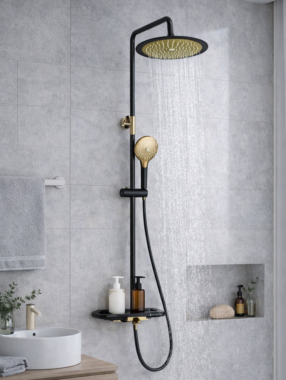 L17701-03 3-Functions Shower Column with Mixer | Black & Rose Gold Finish