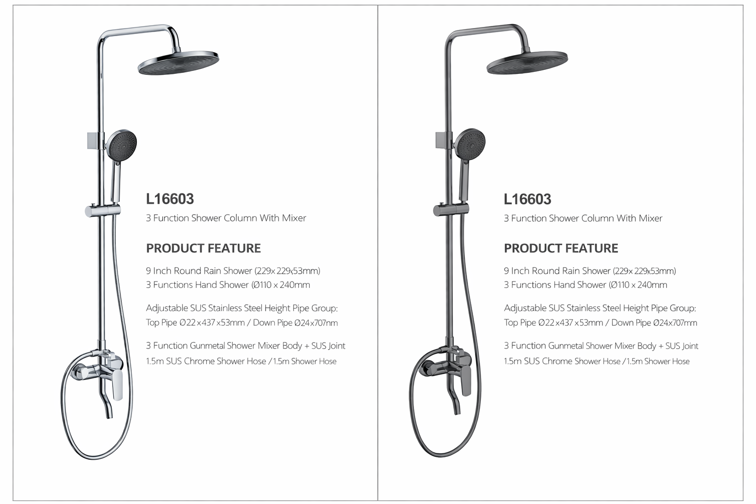 L16603 3-Functions Shower Column With Mixer | 9 Inch Round Rain Shower L16603 3-Functions Shower Column With Mixer | 9 Inch Round Rain Shower