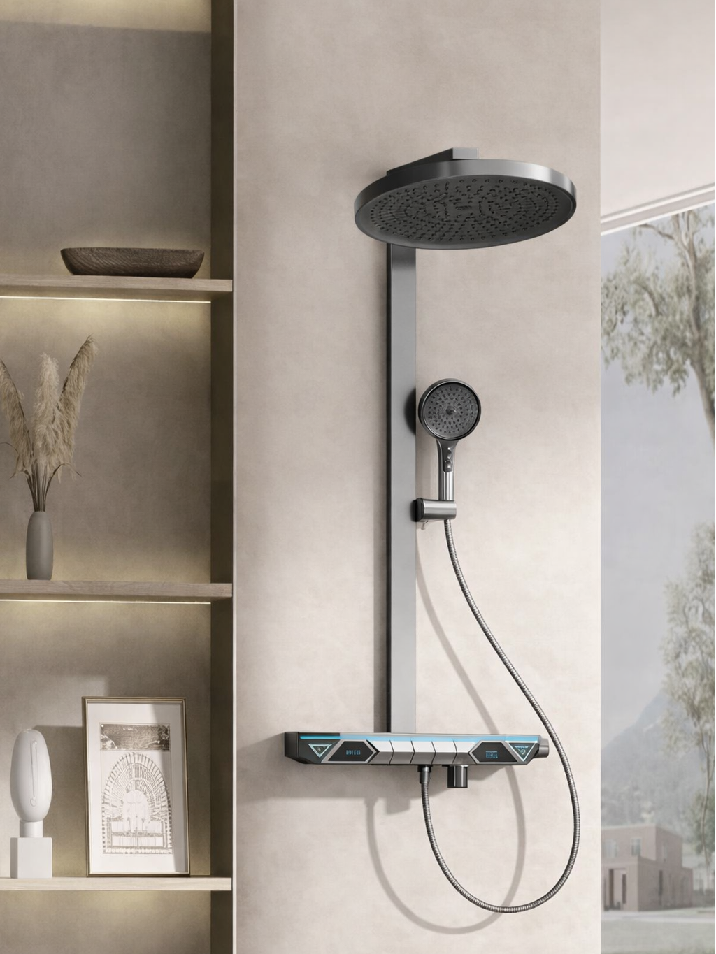 L31501 3-Function Digital Thermostatic Shower Column with Shelf & Filter