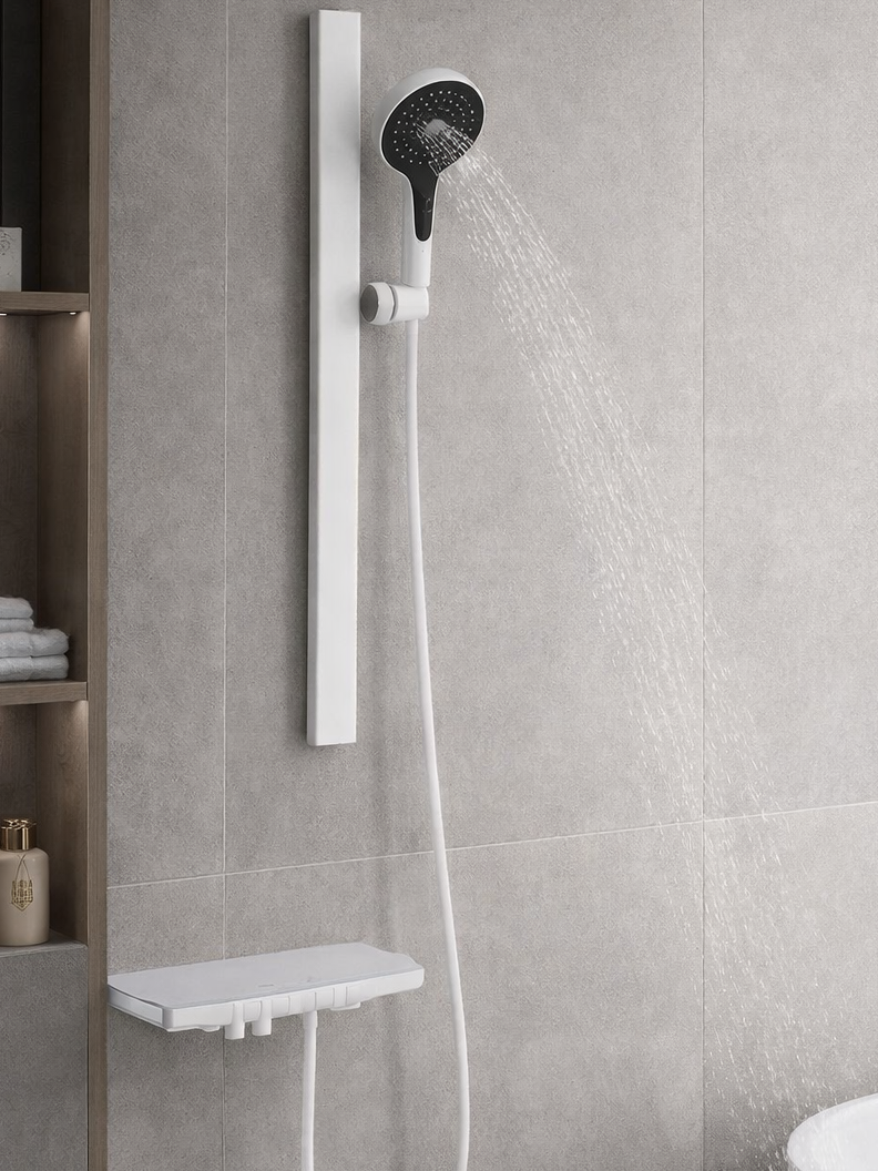 B33122A-W 2 Functions Matt White Shower Set with Shelf | Aluminium Sliding Bar