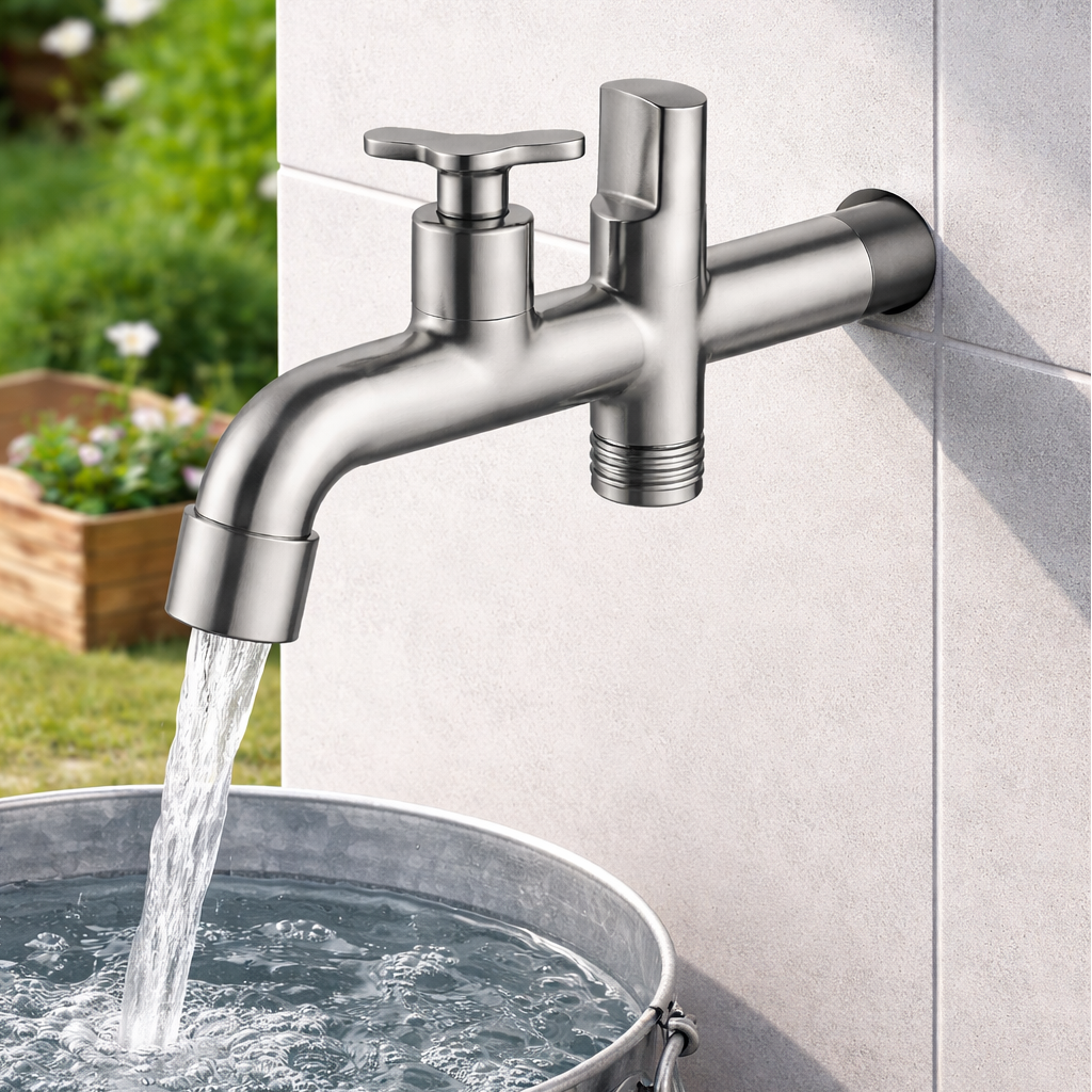 K50901 2-Function 304 Stainless Steel Bibcock | Dual Handle Quick-Open Tap