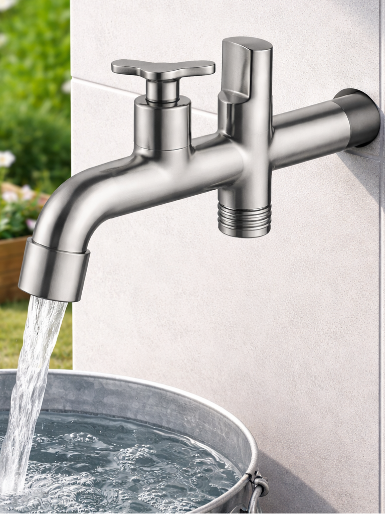 K50901 2-Function 304 Stainless Steel Bibcock | Dual Handle Quick-Open Tap