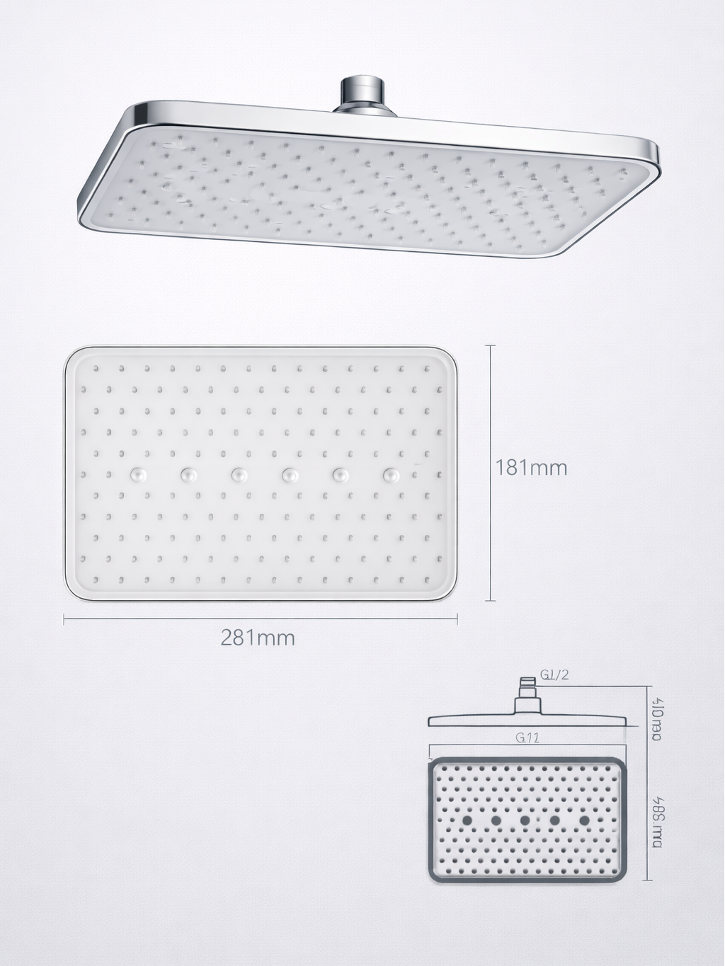 D11001-CW 11.2-Inch Rectangular Rain Shower Head (ABS + TPE + Brass)