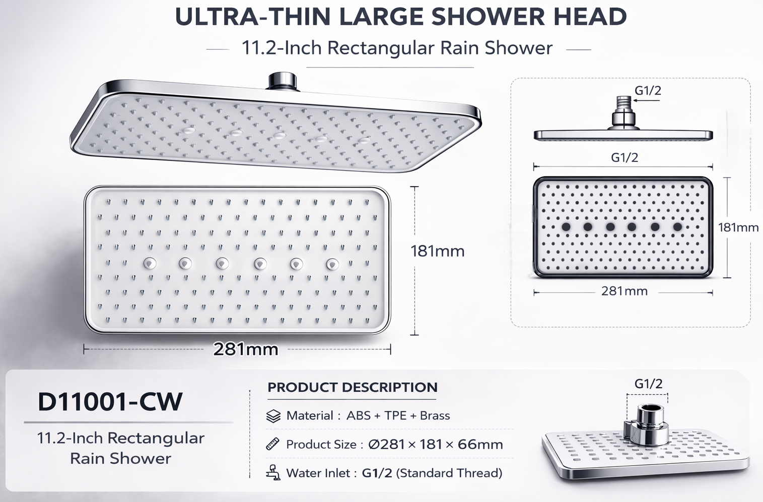 D11001-CW 11.2-Inch Rectangular Rain Shower Head (ABS + TPE + Brass)