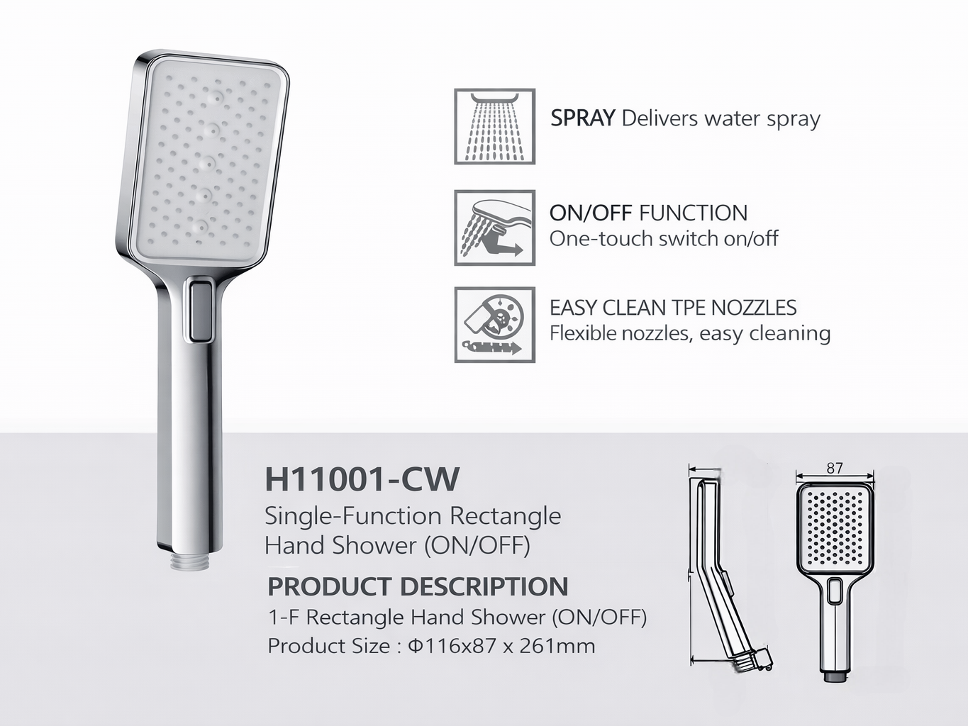 H11001-CW Single-Function Rectangular Hand Shower with ON/OFF Switch