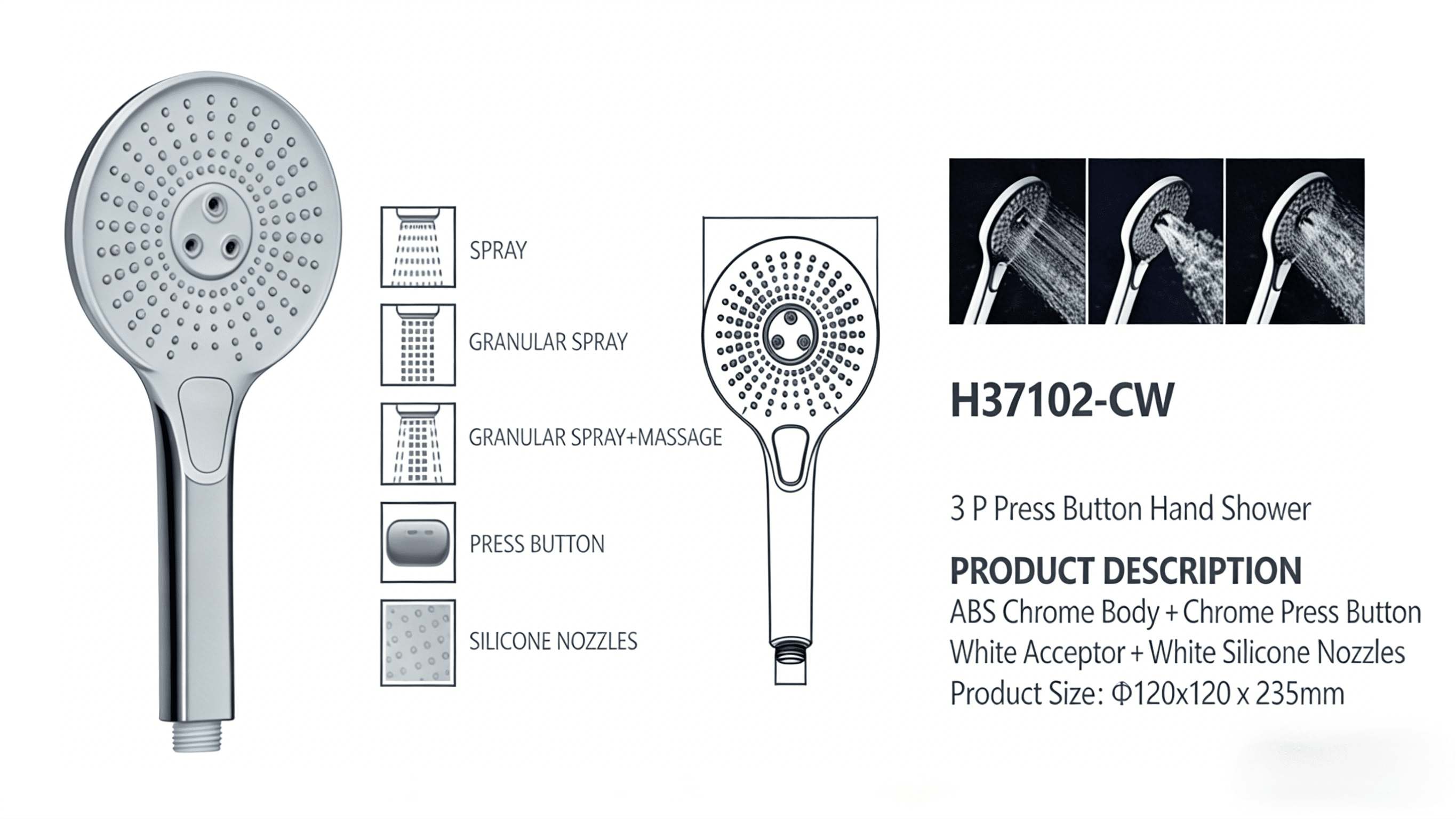 3-Function Chrome Press Button Hand Shower | High Pressure ABS Shower Head H37102-CW
