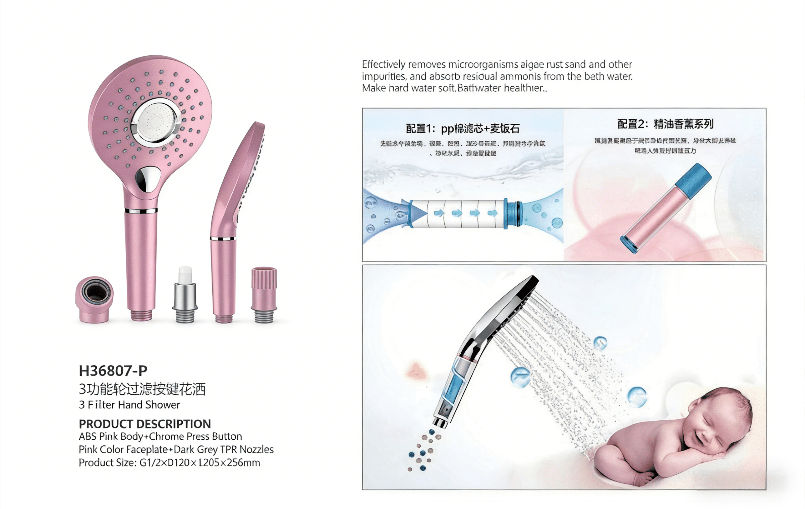Wholesale 3 Function Filter Hand Shower H36807-P | OEM Pink Shower Head Manufacturer