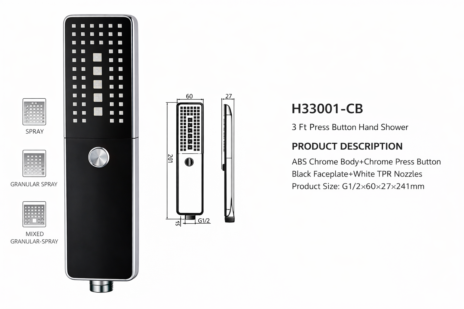 H33001-CB 3 Function Press Button Hand Shower | ABS Chrome Handheld Shower Head for Bathroom