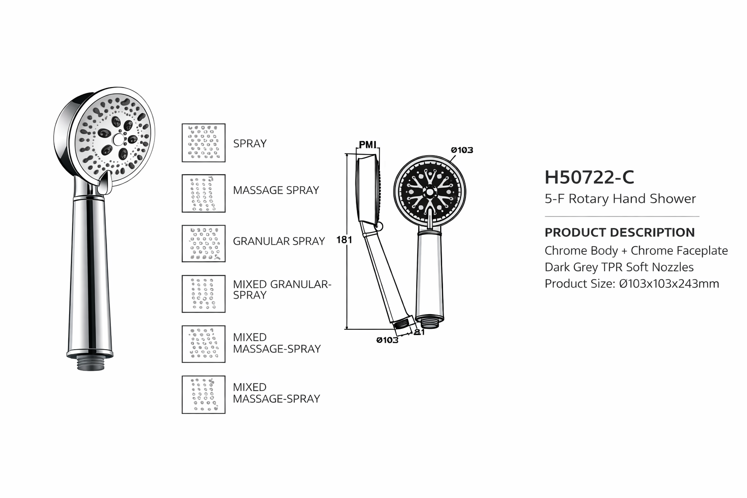 H50722-C 5 Function Rotary Hand Shower | Chrome Bathroom Handheld Shower Head Supplier OEM