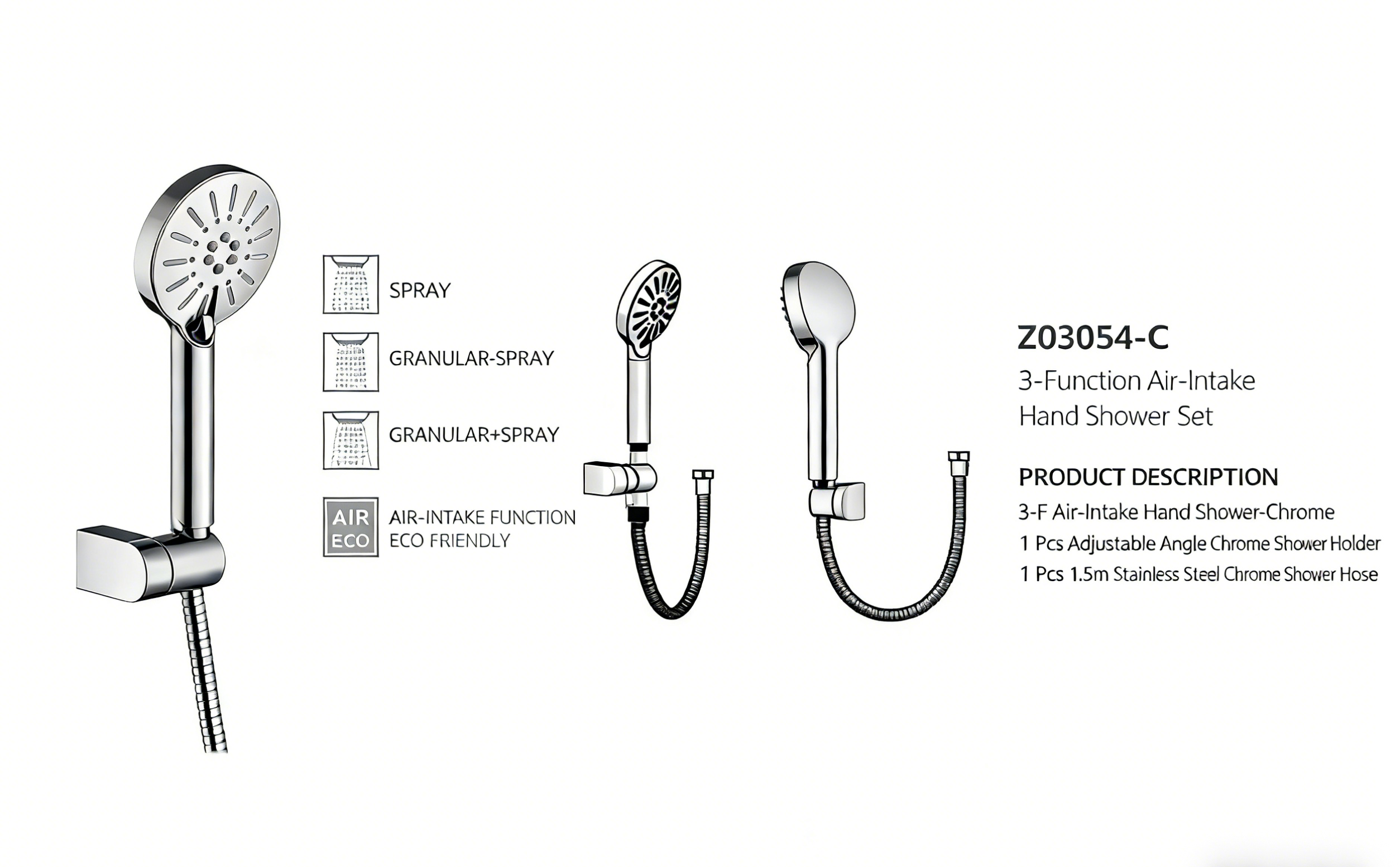 Z03054-C 3 Function Air-Intake Hand Shower Set | Chrome Bathroom Shower Supplier for Southeast Asia