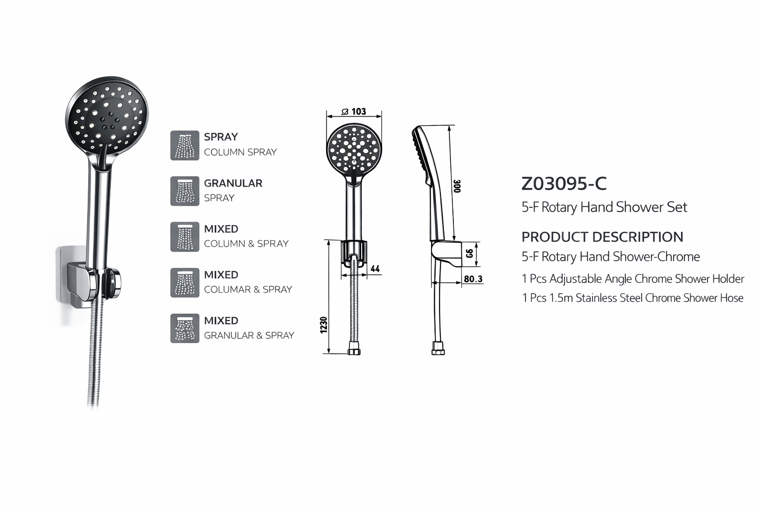 Z03095-C 5 Function Rotary Hand Shower Set Chrome | Adjustable Shower Head with Hose for Bathroom 