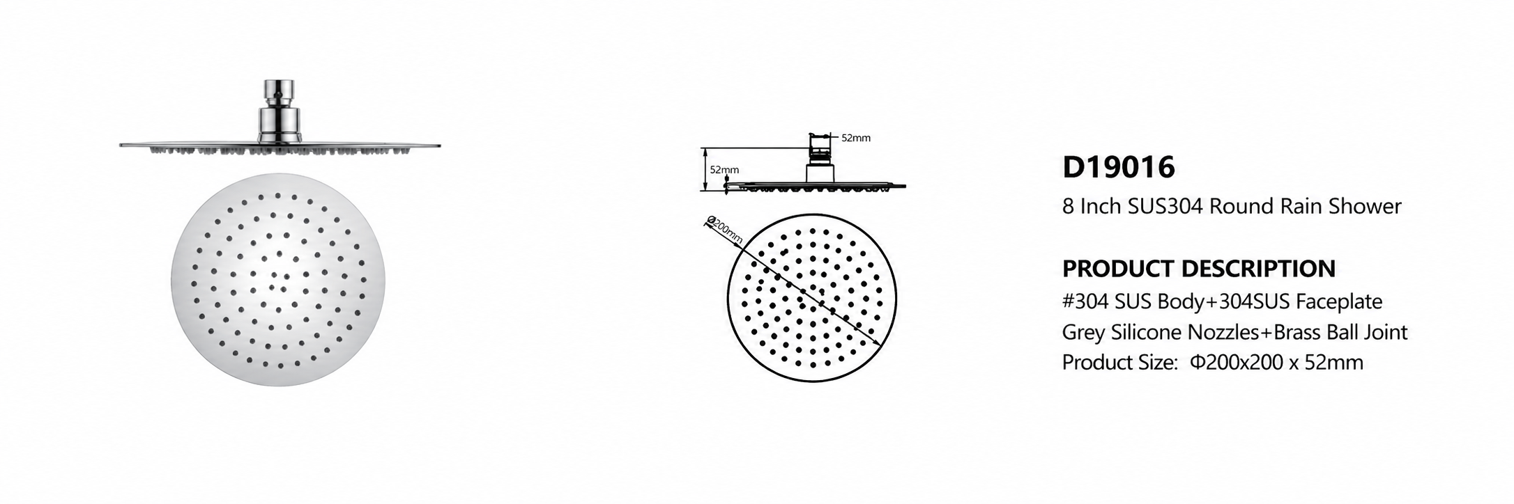 8 Inch SUS304 Stainless Steel Round Rain Shower Head – Chrome Overhead Shower (Model D19016)