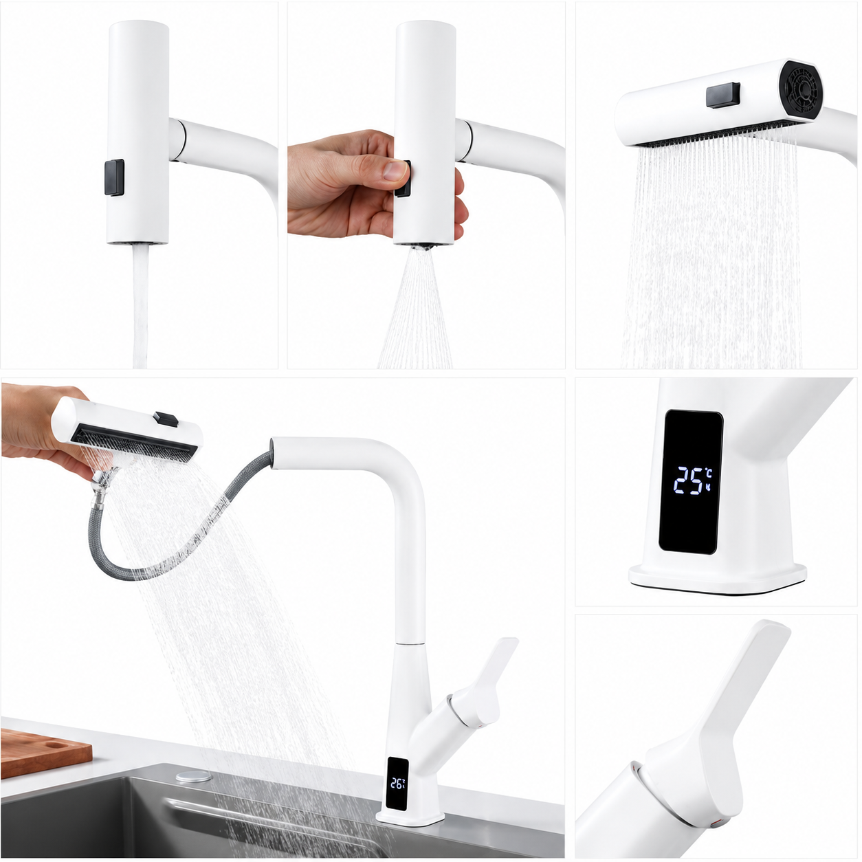 3 Spray Modes Pull Down Kitchen Faucet YT-241A White Digital Temperature Display Kitchen Faucets OEM 3 Spray Modes Pull Down Kitchen Faucet YT-241A White Digital Temperature Display Kitchen Faucets OEM