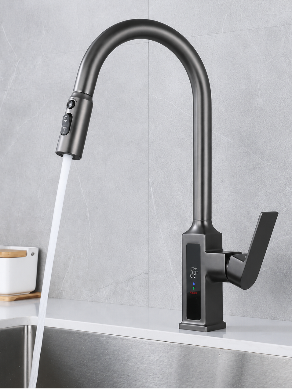 YT-231 Digital Pull-Out Kitchen Faucet | 3 Spray Modes Smart Kitchen Mixer Tap for Wholesale & OEM