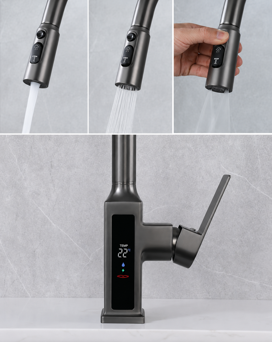 YT-231 Digital Pull-Out Kitchen Faucet | 3 Spray Modes Smart Kitchen Mixer Tap for Wholesale & OEM